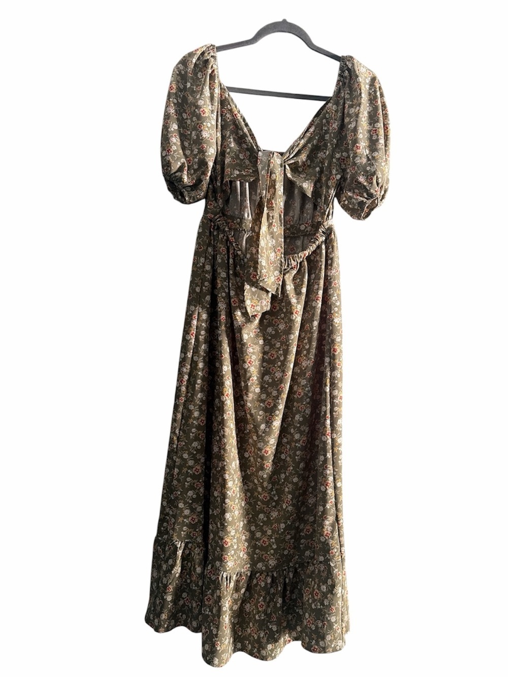 Hesperus Olive Floral Maxi Dress with Puff Sleeve Detail Size M - Picture 3 of 8